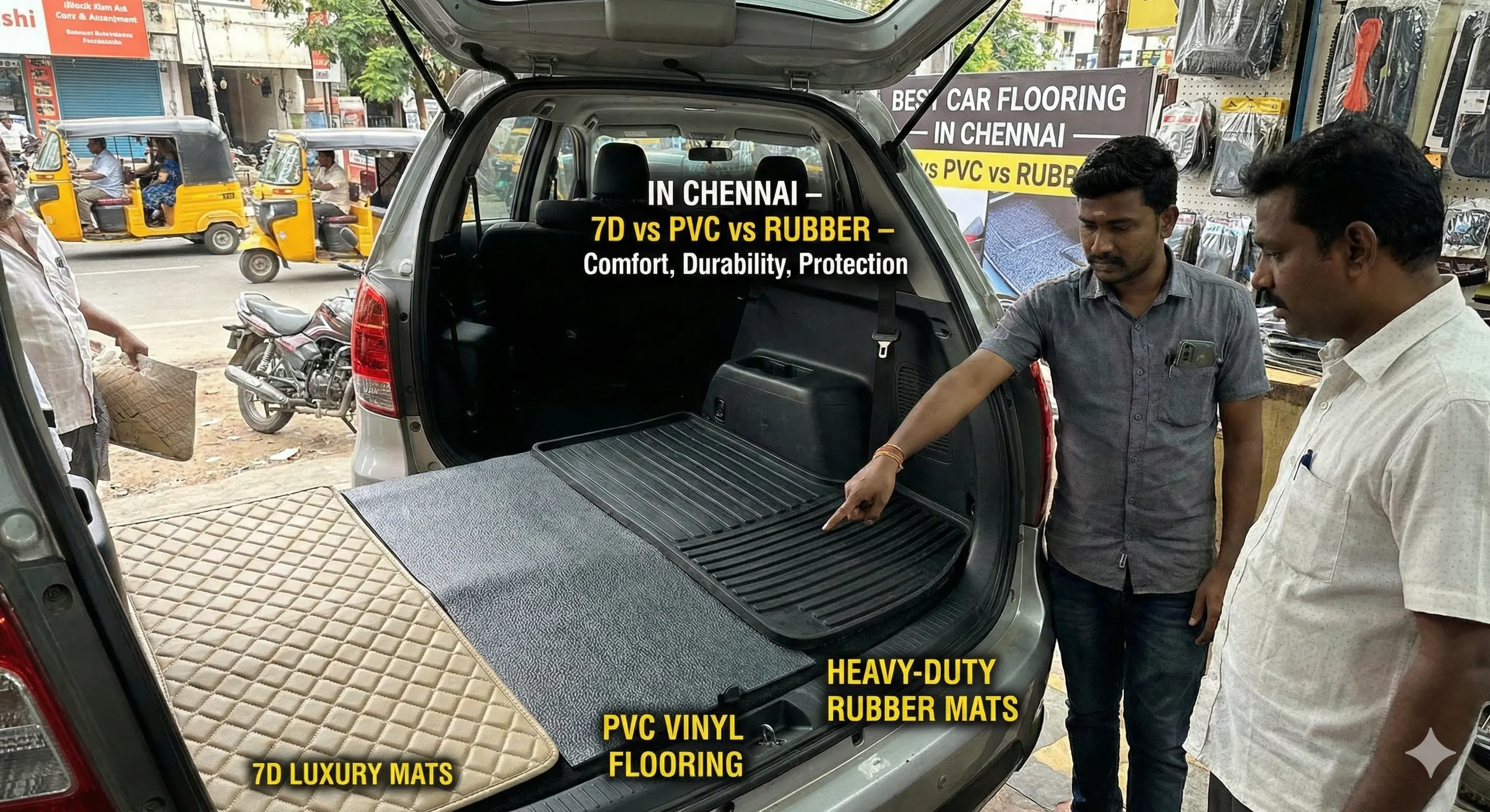 Best car flooring options in Chennai 7D mats PVC vinyl rubber car interior flooring
